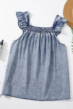 Ashleigh Blue Smocked Neck Frill Denim Sleeveless Top
