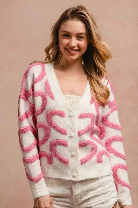 BiBi Textured Heart Buttoned V Neck Cardigan PINK 0517b2effc5e45408bba3d7ed9c0ca94-Max-Origin