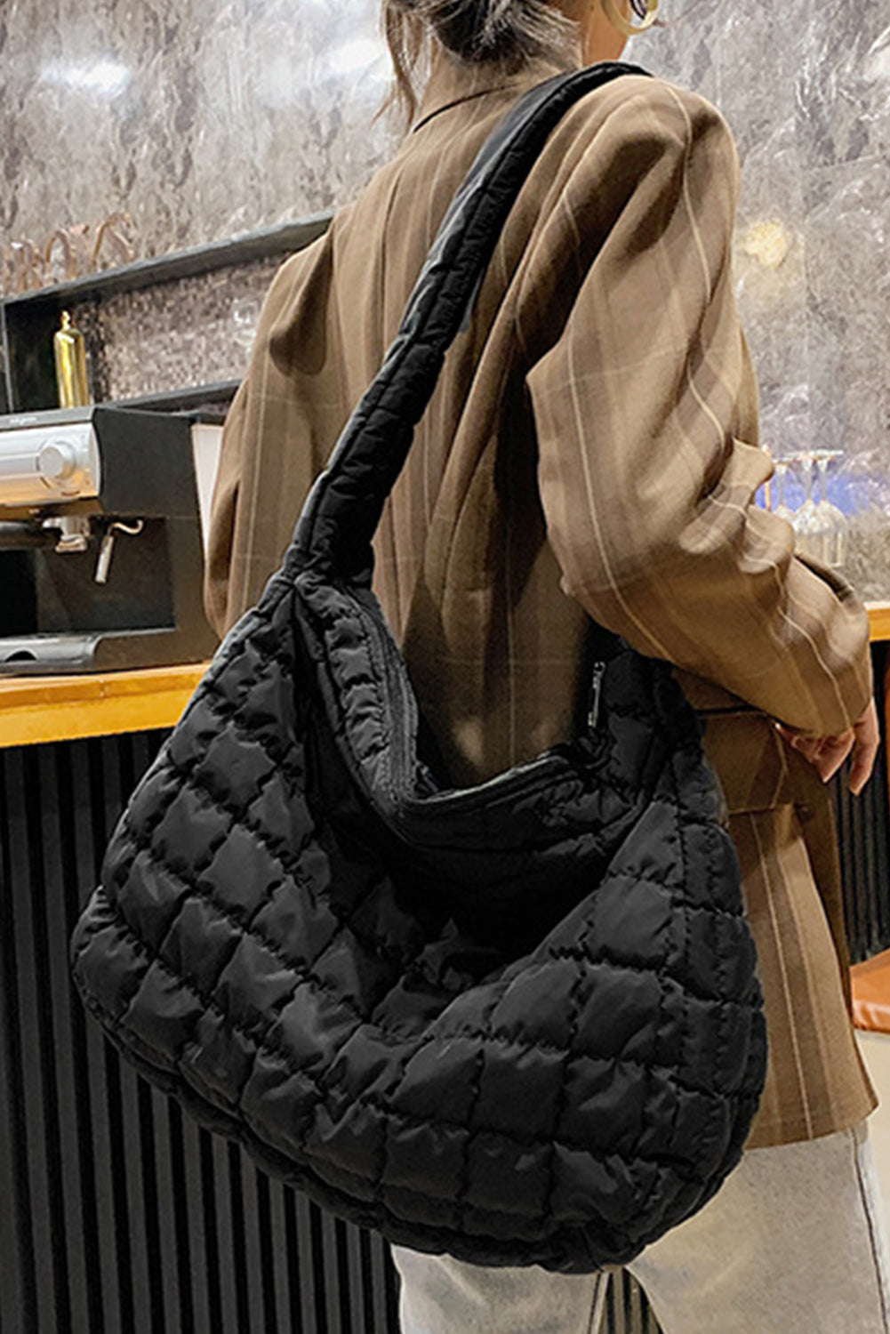 Light French Beige Quilted Zipper Large Shoulder Bag Black ONE SIZE Nylon 0519c8e032932ac5