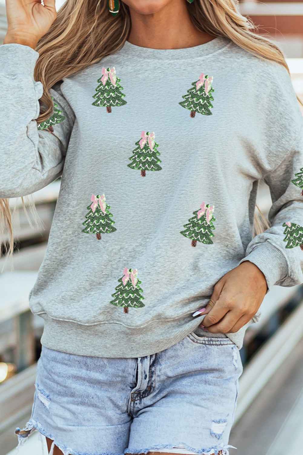 Pink Sequined Xmas Tree Patched Patterned Holiday Pullover Sweatshirt