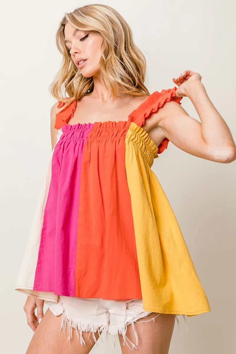BiBi Frill Shoulder Strap Color Block Bodice Top FUCHSIA CORAL BANANA 051bb03c9a5349378a3ca6115fed6d2e-Max-Origin