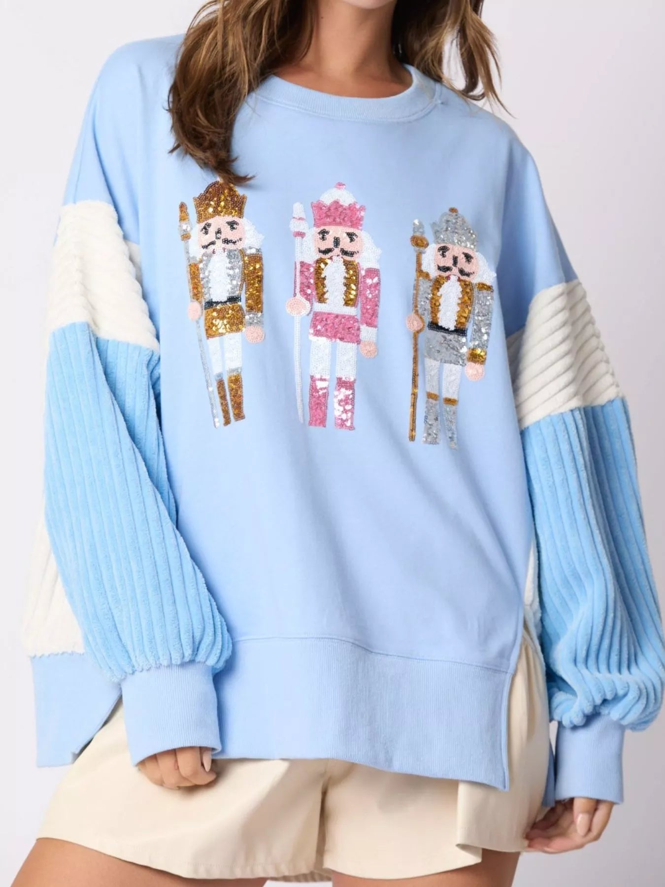 Nutcracker Long Sleeve Sweatshirt with Side Slit Sky Blue 051c6aaa-d40c-42cb-b505-2fc09e9713cb-Max-Origin