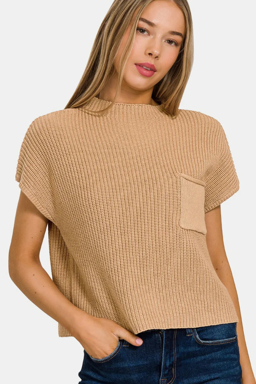 Zenana Mock Neck Short Sleeve Cropped Sweater Brush 0520fcd1-3067-45be-8c56-d6517629e3bd-Max