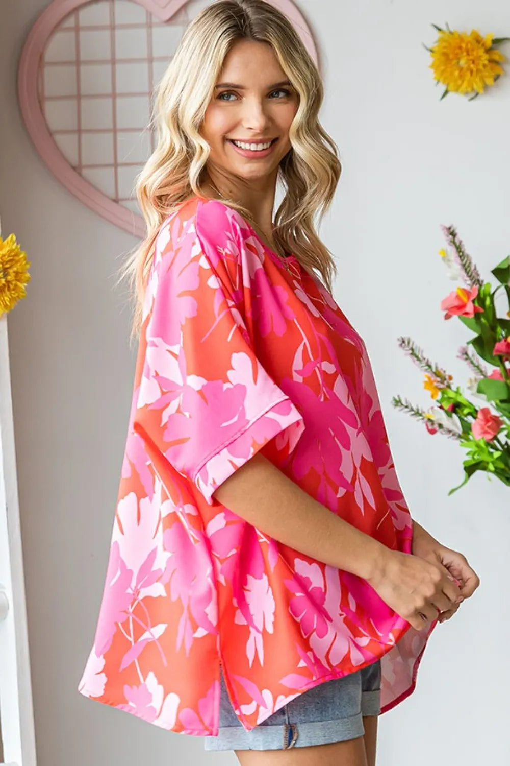 First Love Slit Printed Round Neck Half Sleeve Blouse 05226576-c5a2-4bd5-b0a3-c0f8a124bbf8-Max