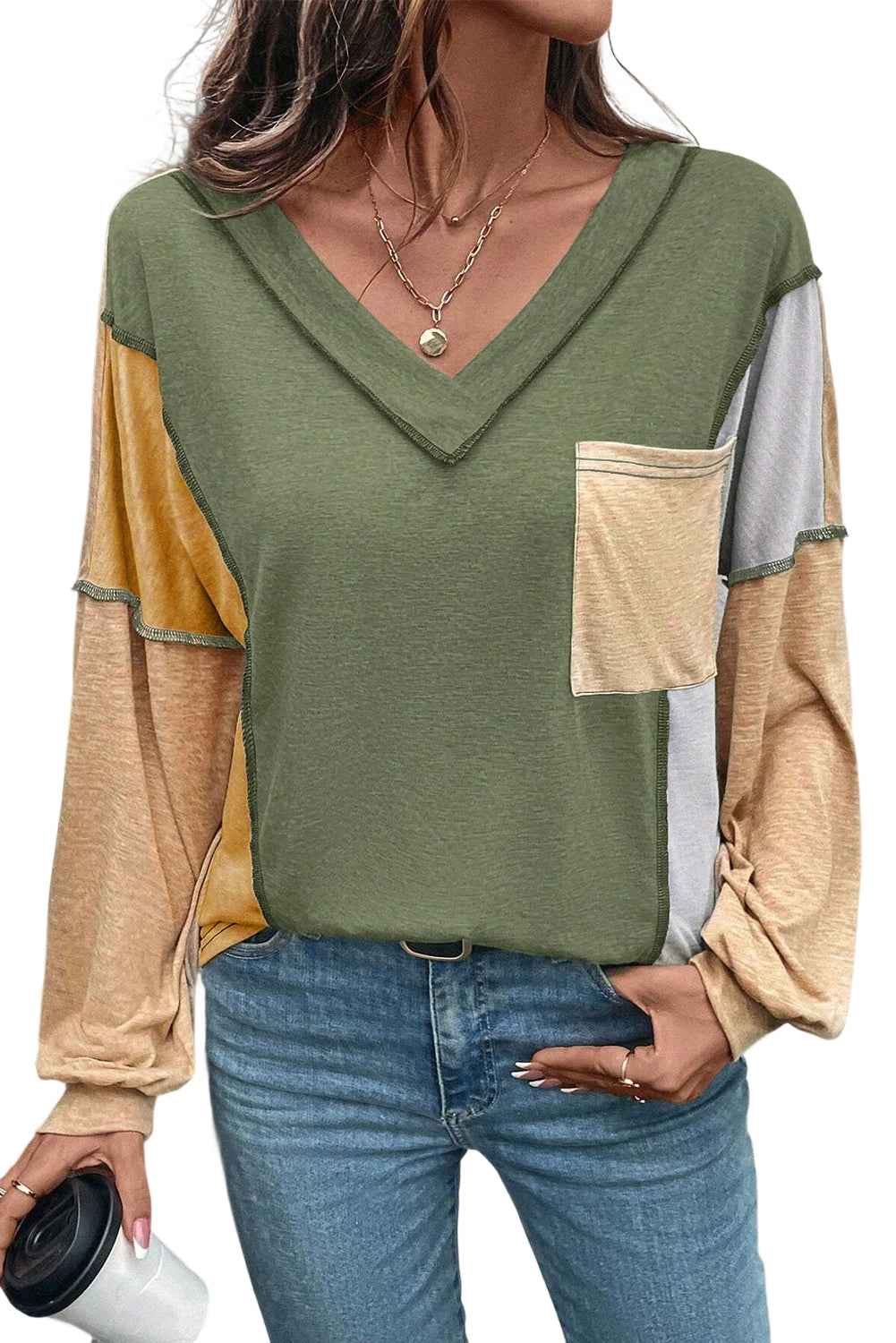 Sail Blue Exposed Stitching Colorblock V Neck Long Sleeve Top 052654181452320e