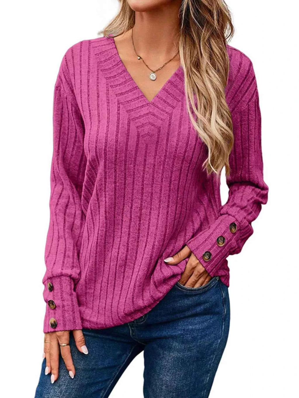 Ribbed Knit V-Neck Top Cerise 052c2e33-4646-4c0e-813f-f0757a374e5c-Max-Origin