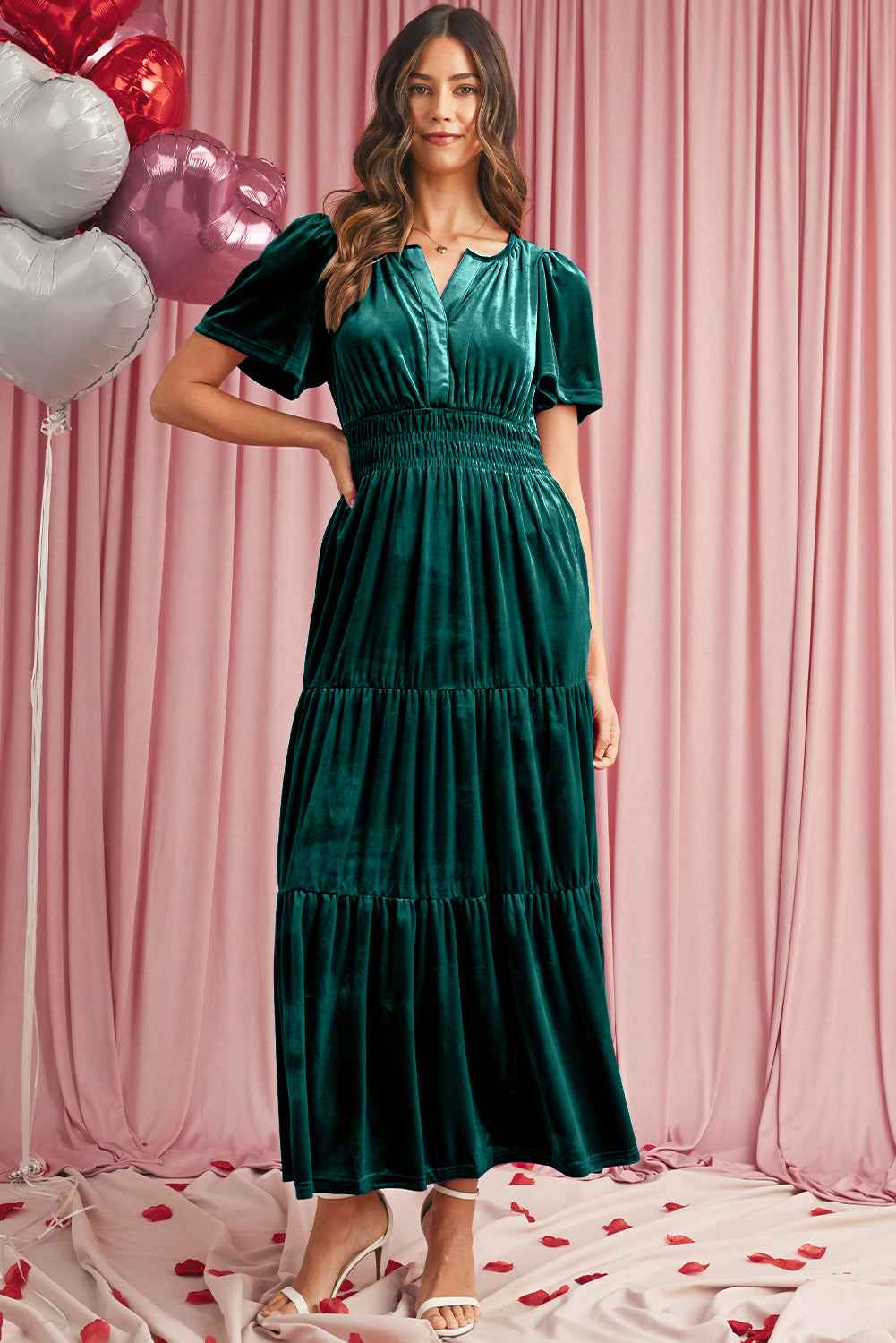 Prussian Blue Velvet Short Sleeve Shirred Waist Tiered Maxi Dress 0530ace5be9d2882