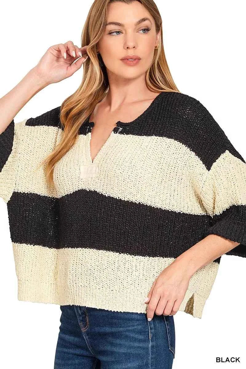 Zenana Split Neck Stripe Sweater BLACK 0532d63984224897af341537deeebd0c-Max-Origin