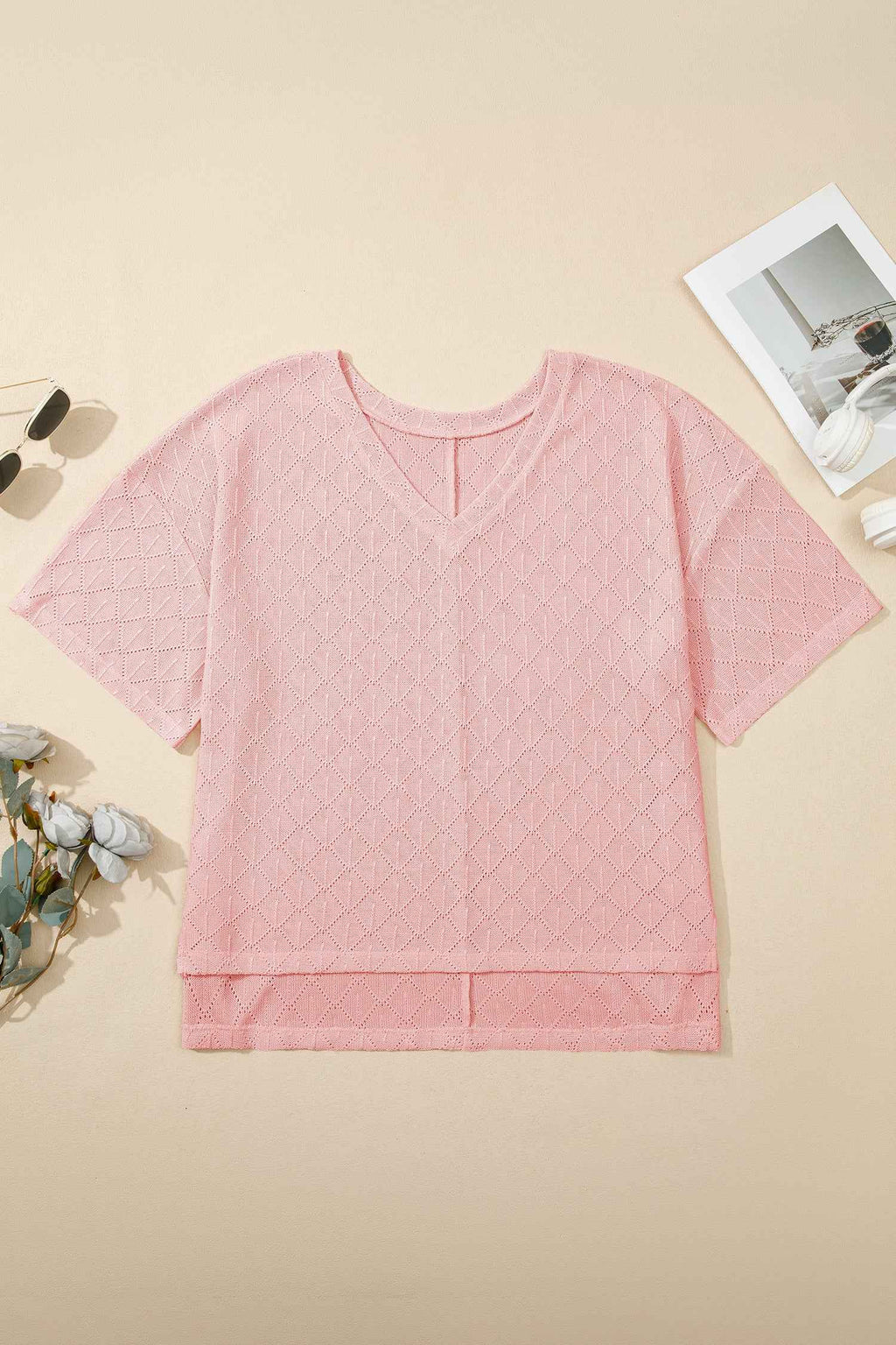 Light Pink Pointelle Rhombus Knit Plus Size V Neck Loose Top 0534a73044d912d5