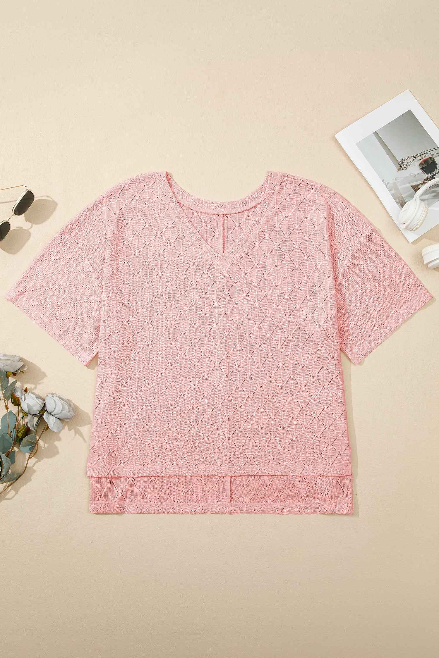 Light Pink Pointelle Rhombus Knit Plus Size V Neck Loose Top 0534a73044d912d5