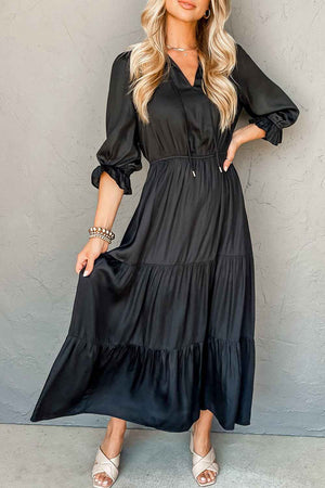 Black Flounced Bracelet Sleeve V Neck Tiered Maxi Dress Black 100%Polyester 0535f7344e8ed902