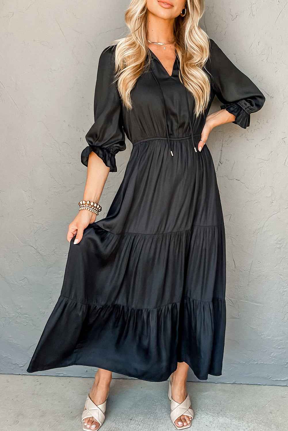 Black Flounced Bracelet Sleeve V Neck Tiered Maxi Dress Black 100%Polyester 0535f7344e8ed902
