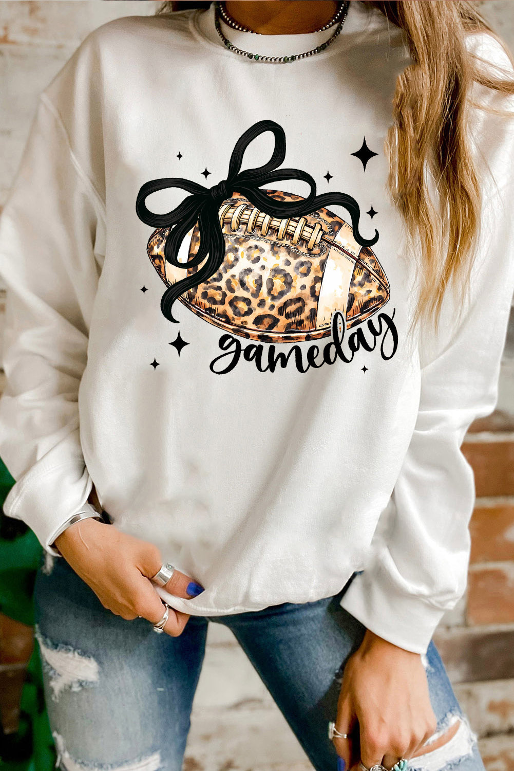 White Game Day Leopard Football Graphic Heat Transfer Printing Crew Neck Sweatshirt 05380d632c7c65b6