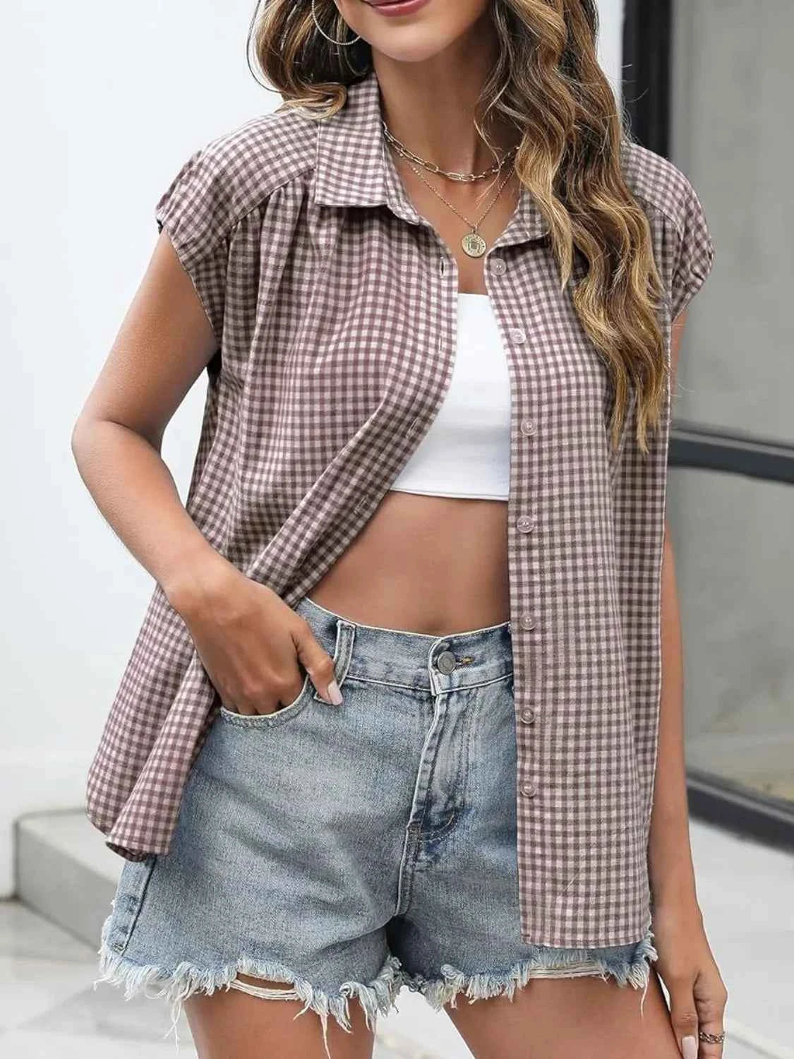 Plaid Button Up Cap Sleeve Shirt Taupe 053b731e-d536-4bad-84d5-a497242d697f-Max-Origin