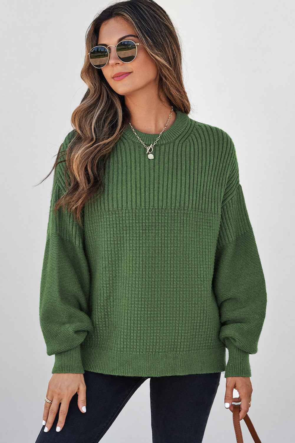 Vineyard Green Solid Color Mixed Textured Knitted Crew Neck Sweater 053cfe99577556e7