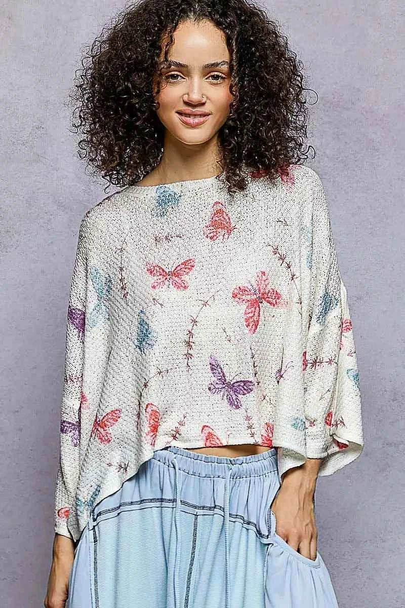 POL Butterflies Pattern Round Neck knit Top with Outseam Rolling Edge IVORY 053e5127-e9b5-4522-ab53-a6bf4acf3795-Max-Origin