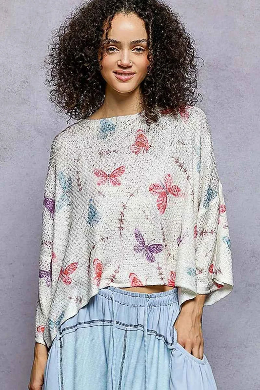 POL Butterflies Pattern Round Neck knit Top with Outseam Rolling Edge IVORY 053e5127-e9b5-4522-ab53-a6bf4acf3795-Max-Origin