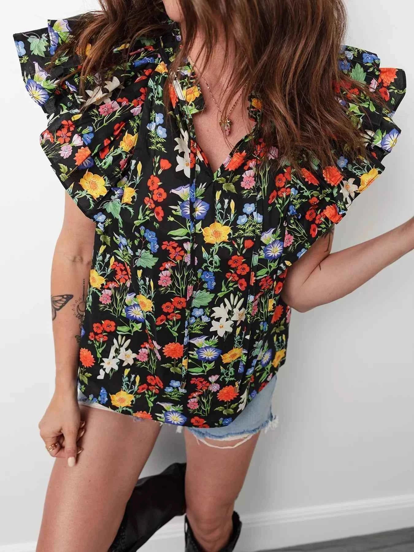 Tiered Flutter Sleeve V Neck Flower Blouse 0540cfe7fcf34617ae355f2782d7cf66-Max-Origin