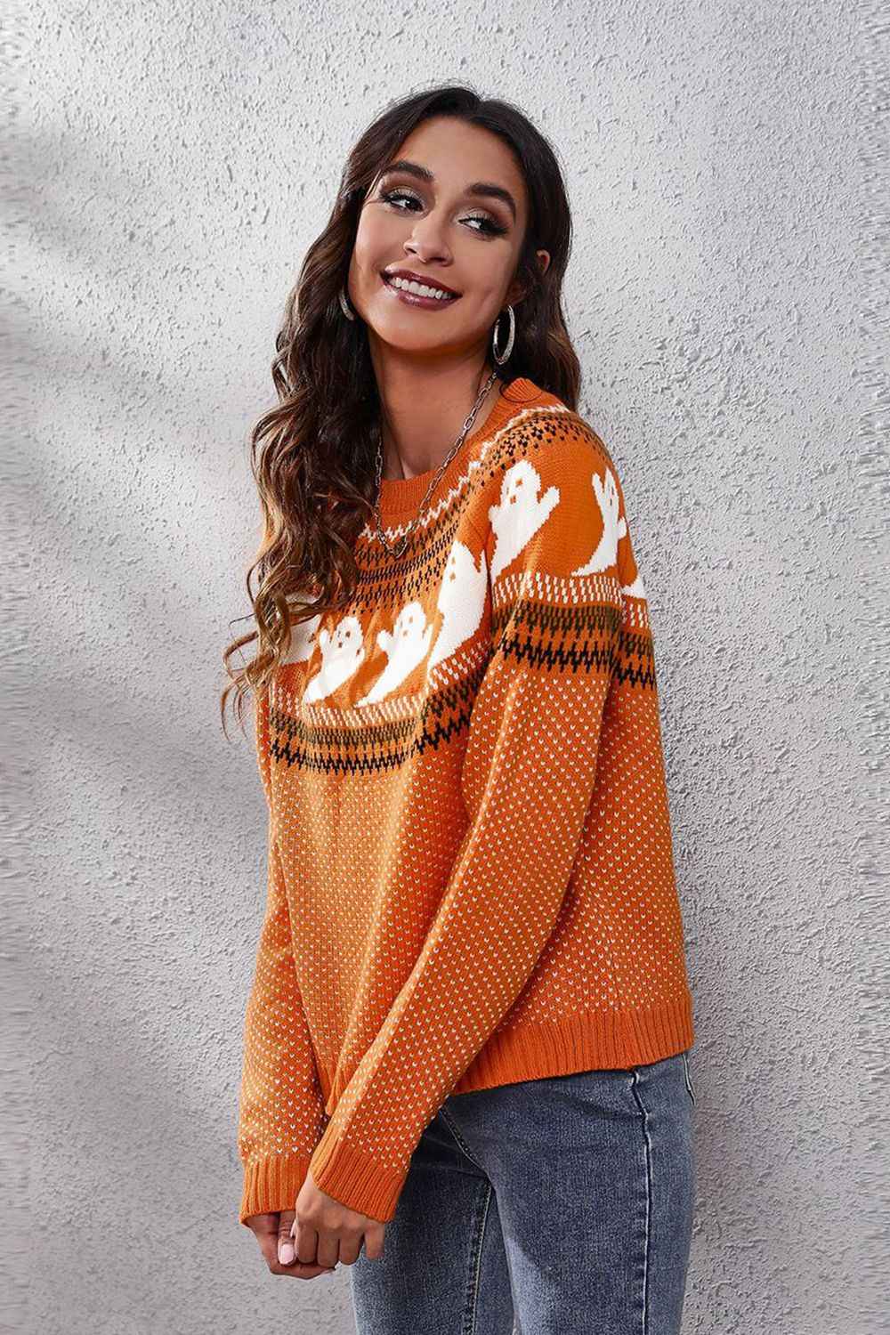 Ghost Pattern Round Neck Long Sleeve Sweater 0542f7dcb99748b29a8d0c016c15fae2-Max