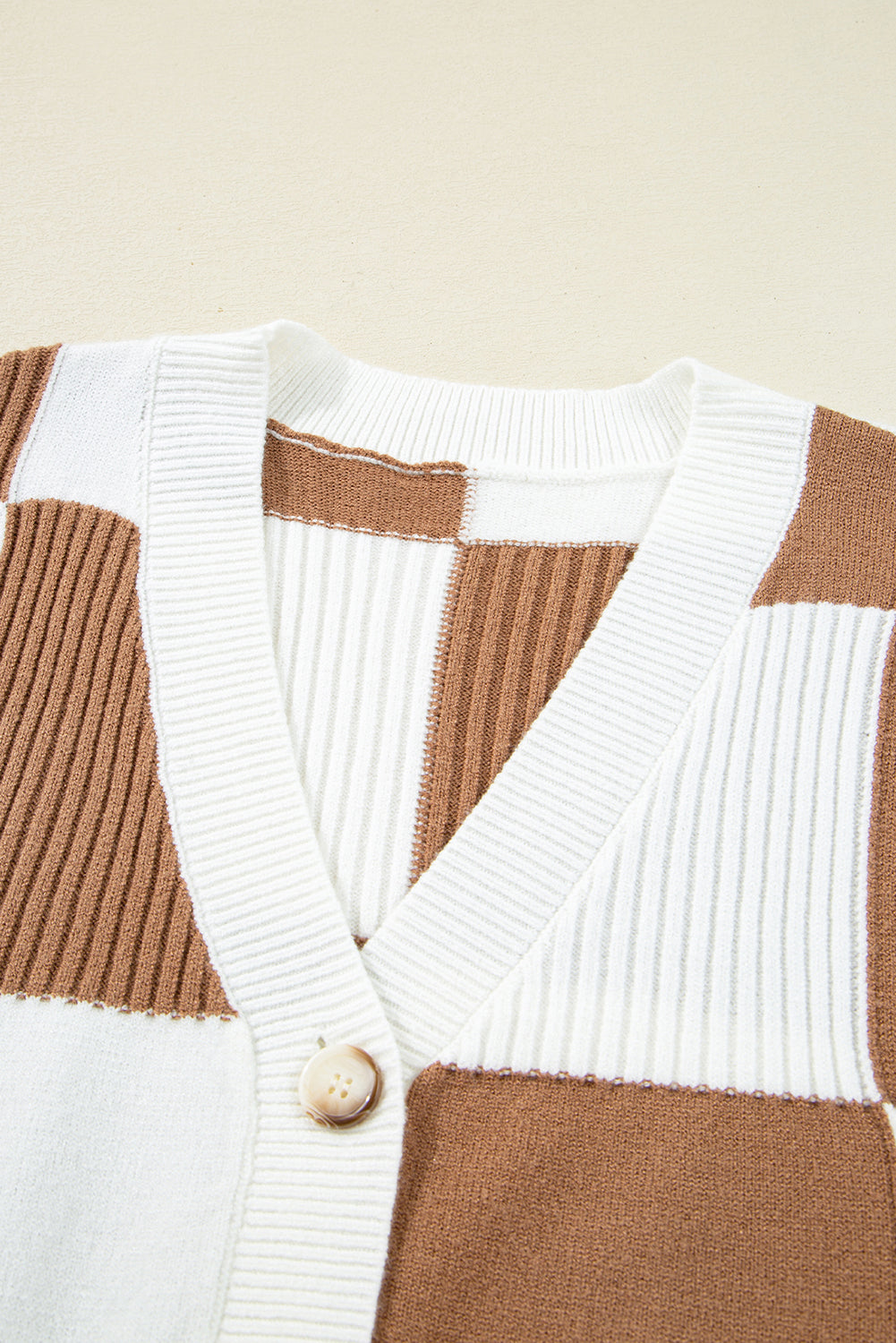 Khaki Checkered Pattern Button V Neck Ribbed Knit Cardigan 05467dd92d1ba9b9