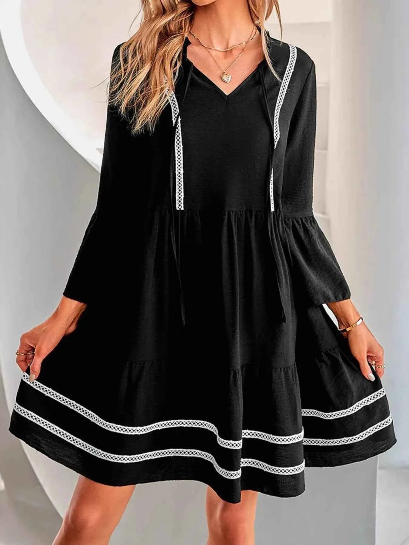 Tie-Neck Long Sleeve Mini Dress with Trim Detail Black 0547a5444dc44863a84feda071ef8b86-Max-Origin