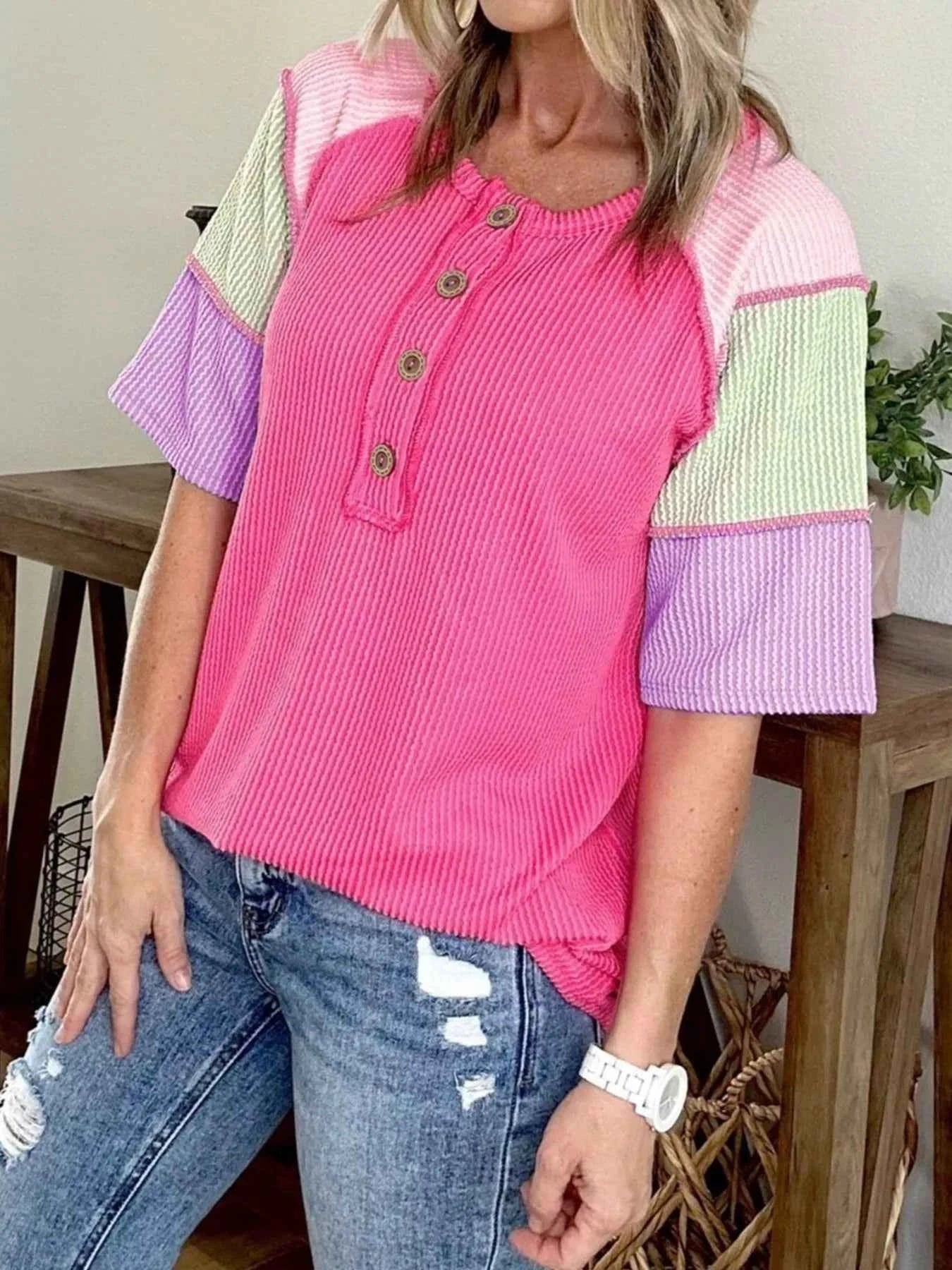 Twisted Ribbed Color Block Patchwork Henley Short Sleeve T Shirt Hot Pink 054b8861957f4753910158058832bdfa-Max-Origin