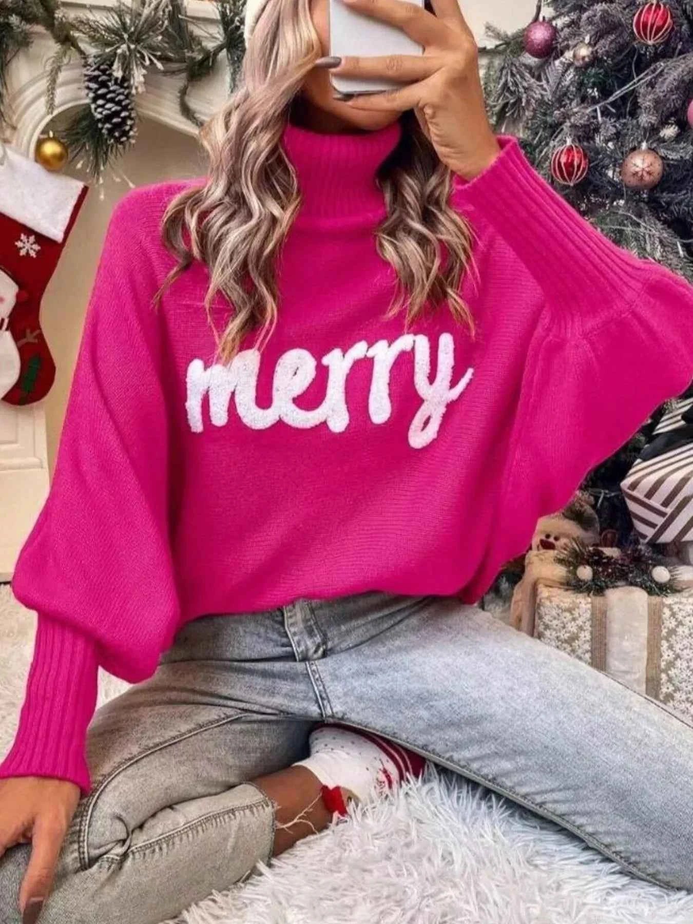 Merry Turtleneck Long Sleeve Christmas Sweater Fuchsia Pink 054d7ebc-1f43-4374-9bbc-72211b94f638-Max-Origin