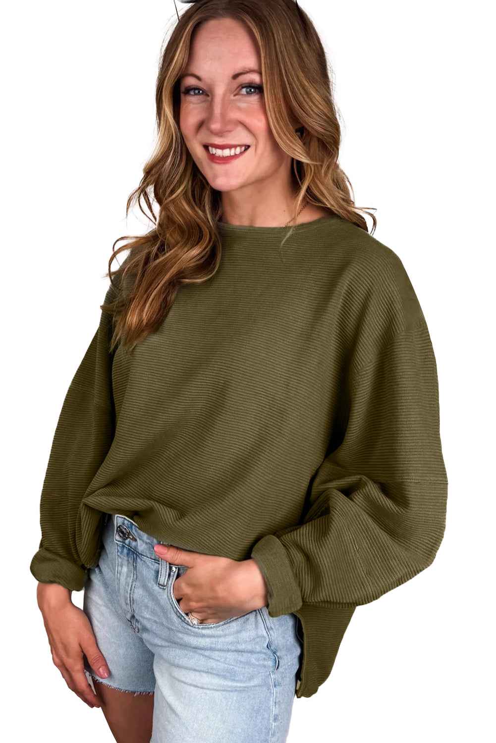 Seagrass Plain Ribbed Exposed Seam Loose Top 054e0af962c80c23