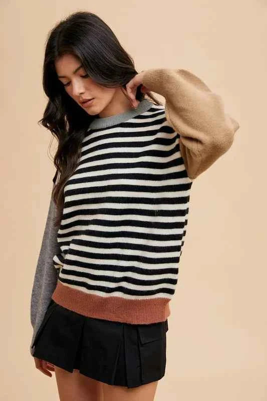 Striped Color Block Round Neck Sweater 05528fc8-2fac-4498-bee5-02ff786b6f8e-Max