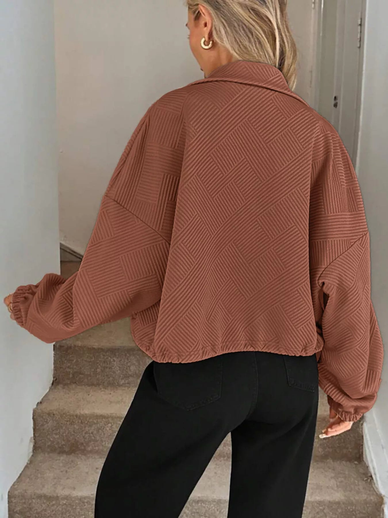 Drawstring Hem Textured Long Sleeve Jacket 05541f5b0b4343cda80c8b15fbe9883d-Max-Origin
