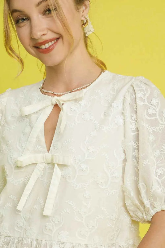 Embroidered Tie Front Peplum Blouse 0554e66d-f771-4848-a722-7e45e94d030c-Max-Origin