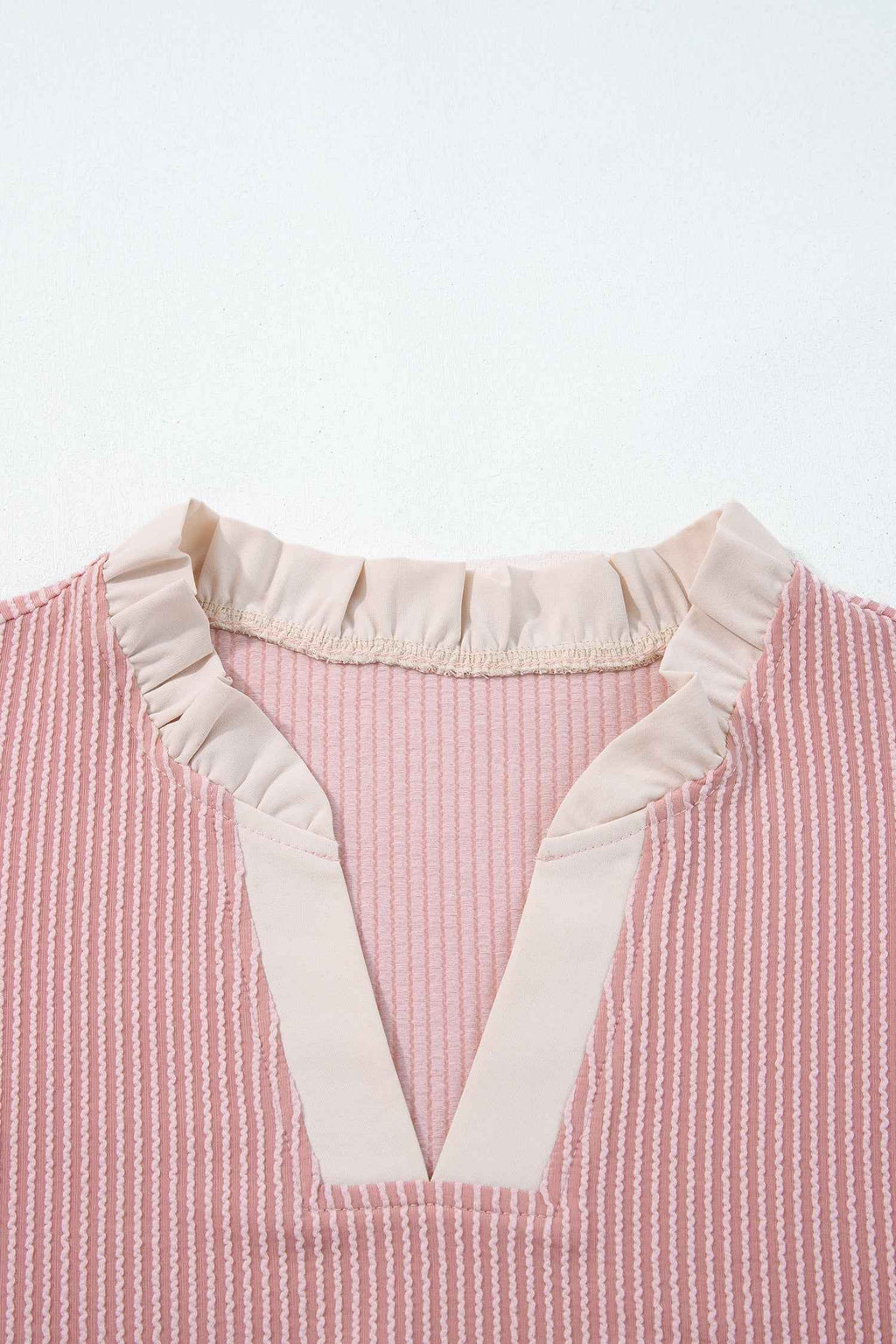 Light Blue Plus Size Contrast Frilled Neckline Ruffled Short Sleeve Ribbed Textured Blouse 055c11d6cb6b7002