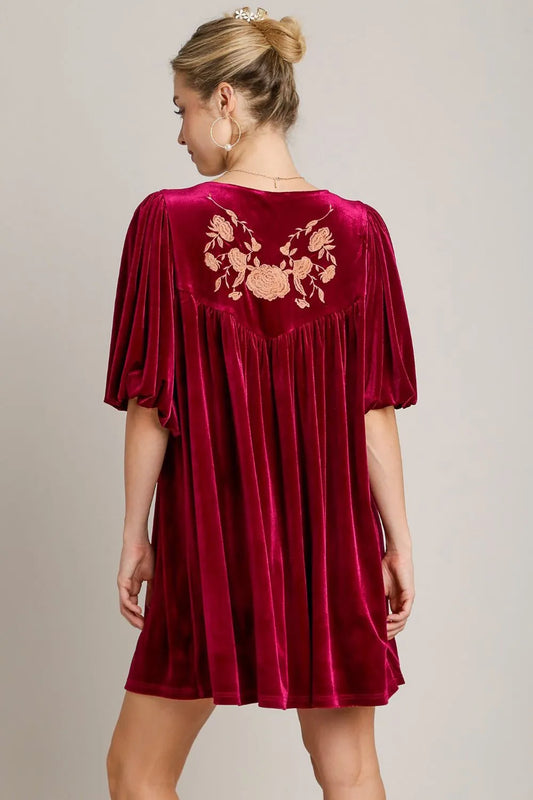 Umgee Embroidered Half Sleeve Velvet Mini Dress with Tassel 055f24c6-720f-4285-8ba5-fdba705cdf61-Max