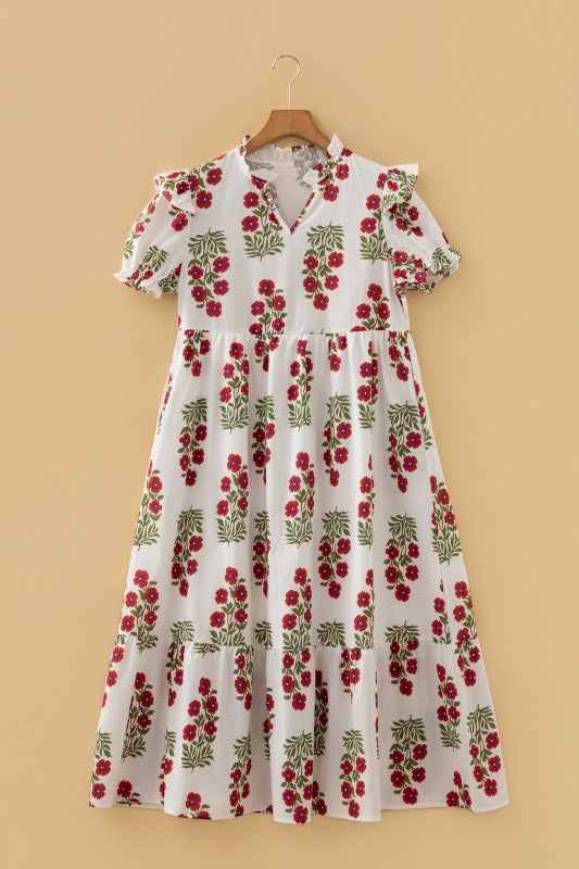 Floral V-Neck 3/4 Puff Sleeve Mini Dress 055ff2c6-d24e-47a7-8fe5-12a6fdb9342d