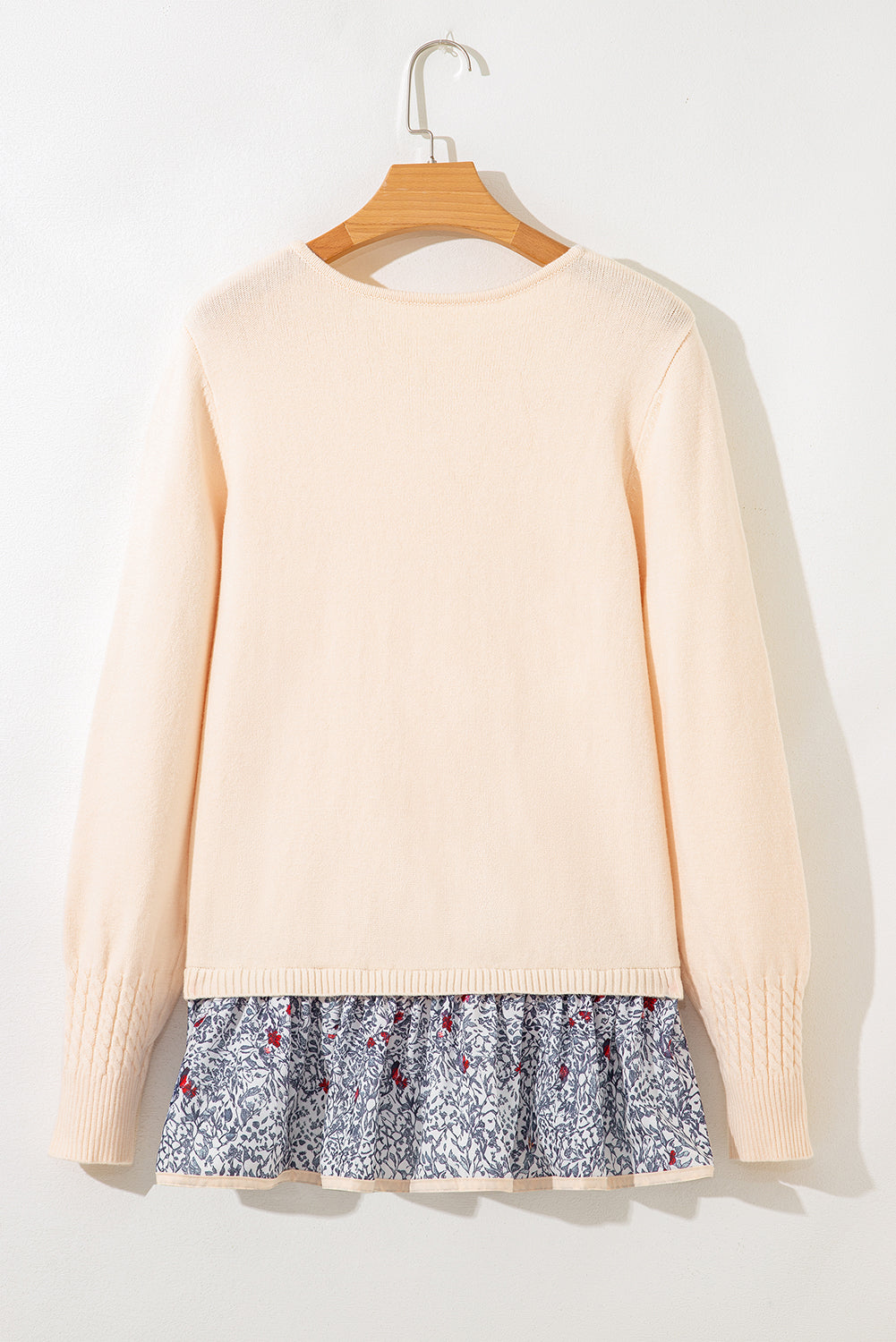 Beige Bohemian Floral Ruffle Hem Patchwork Knit Sweater 0561f027bfb86949