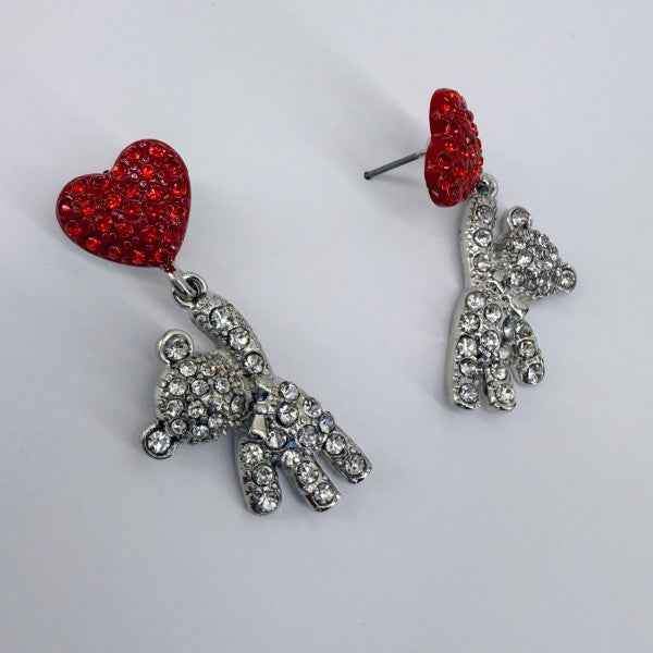 Red Heart Shape Post Back Earring With Teddy Bear Silver One Size 056375e6-4f3c-416d-b4ac-befd2710dce2