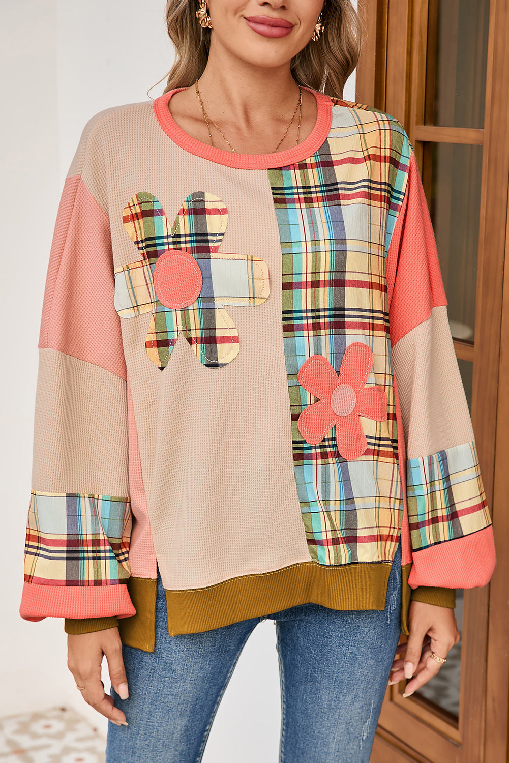 Multicolor Plaid Flower Patchwork Waffle Drop Shoulder Loose Top 05659402452f000b