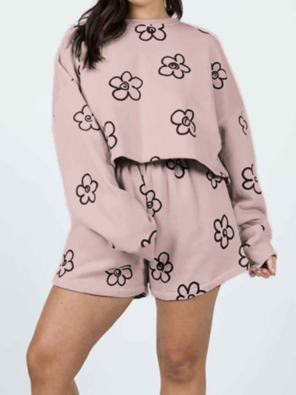 Floral Dropped Shoulder Sweatshirt and Shorts Set Dusty Pink 056b51e1fcfe41b19197898b7f3ce3c0-Max
