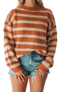 Orange Striped Ribbed Trim Drop Shoulder Sweater Orange Stripe 60%Cotton+40%Acrylic 056c5937327d539c