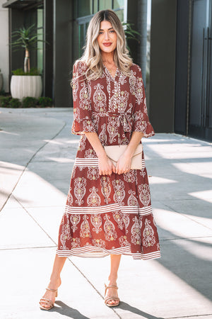 Brown Floral Print Belted Striped Trim Tiered Maxi Dress Brown 100%Viscose 05717ebbc15a53bc