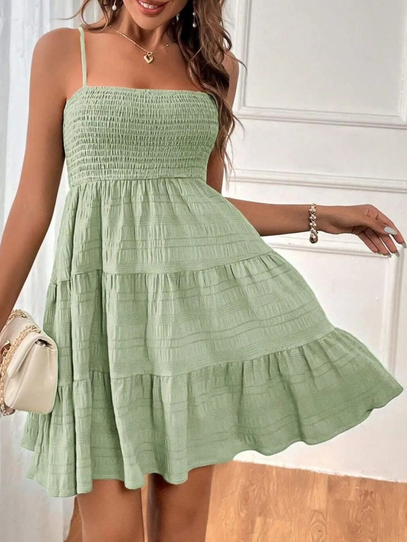 Smocked Tiered Cami Dress Light Green 05722243-4858-4795-b8fa-58ebf851ab41-Max-Origin