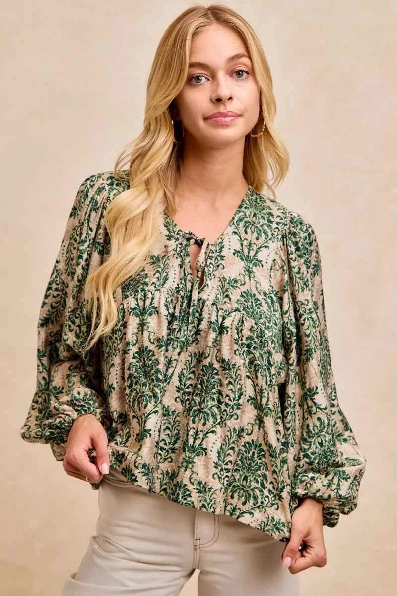 BiBi Printed Woven Front Tied Blouse with Baloon Sleeve TAN OLIVE 0576bb66b6eb45e38b7b32c1839f5502-Max-Origin