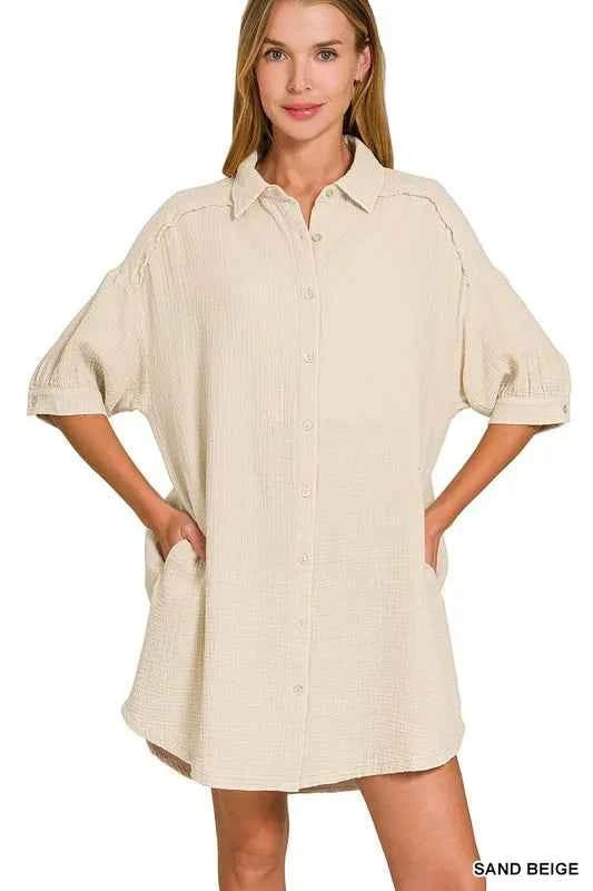 Zenana Washed Double Gauze Button Down Shirt Dress SAND BEIGE 057c6911e6b748a4b28683da54f8761d-Max-Origin