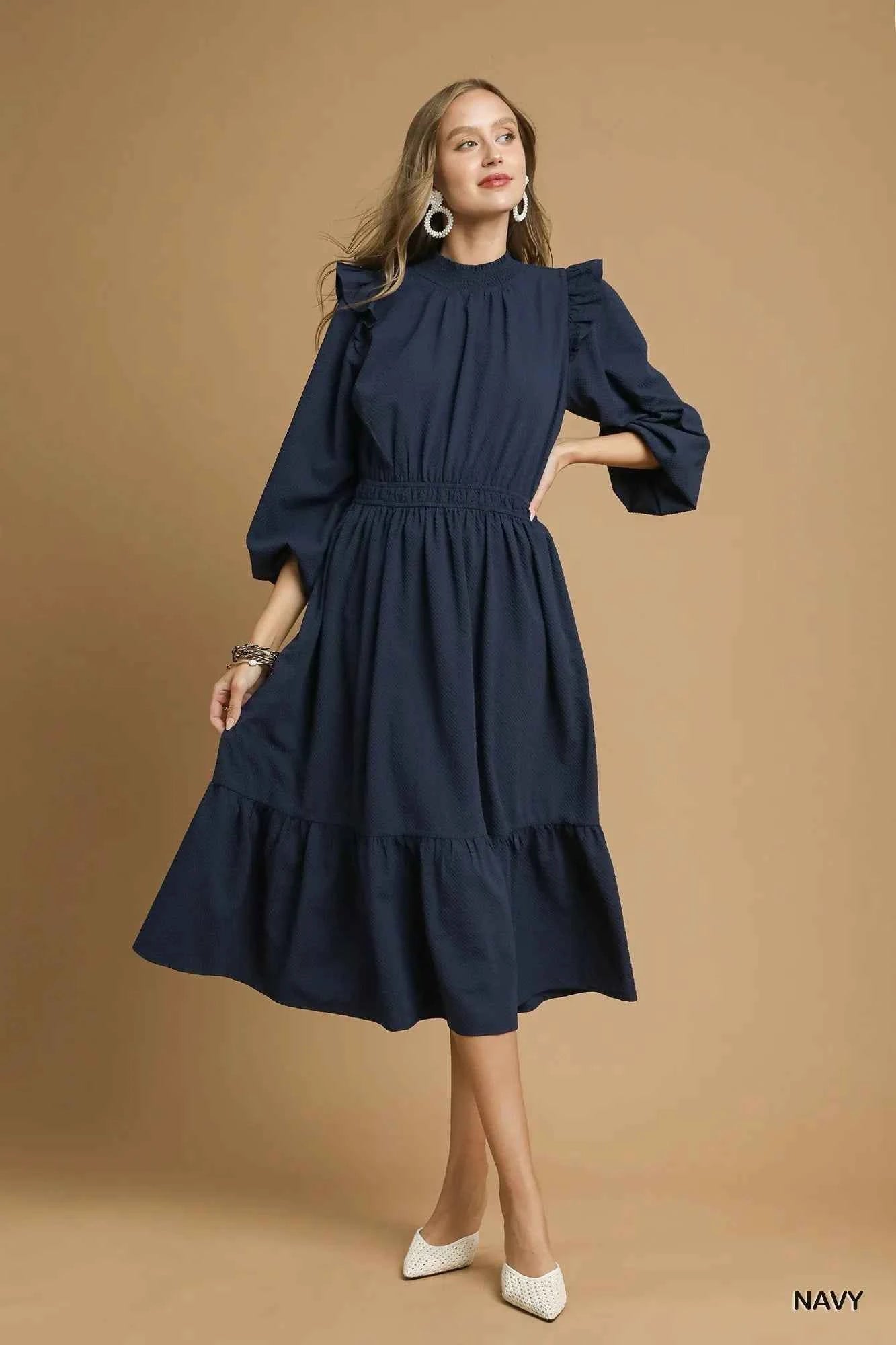 Umgee Textured Midi Dress with Ruffle Shoulder Detail 057ed4e8-e0fe-4bfc-8b08-c186f49dd110-Max-Origin