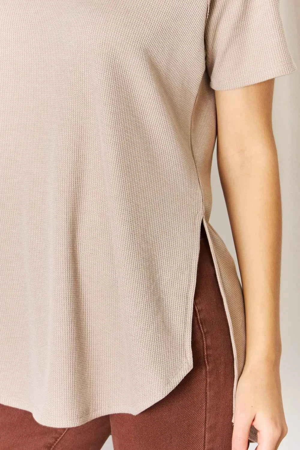 Zenana Baby Waffle Short Sleeve Slit High-Low T-Shirt 057fc0ed-5178-4358-919a-62fabfab483c-Max