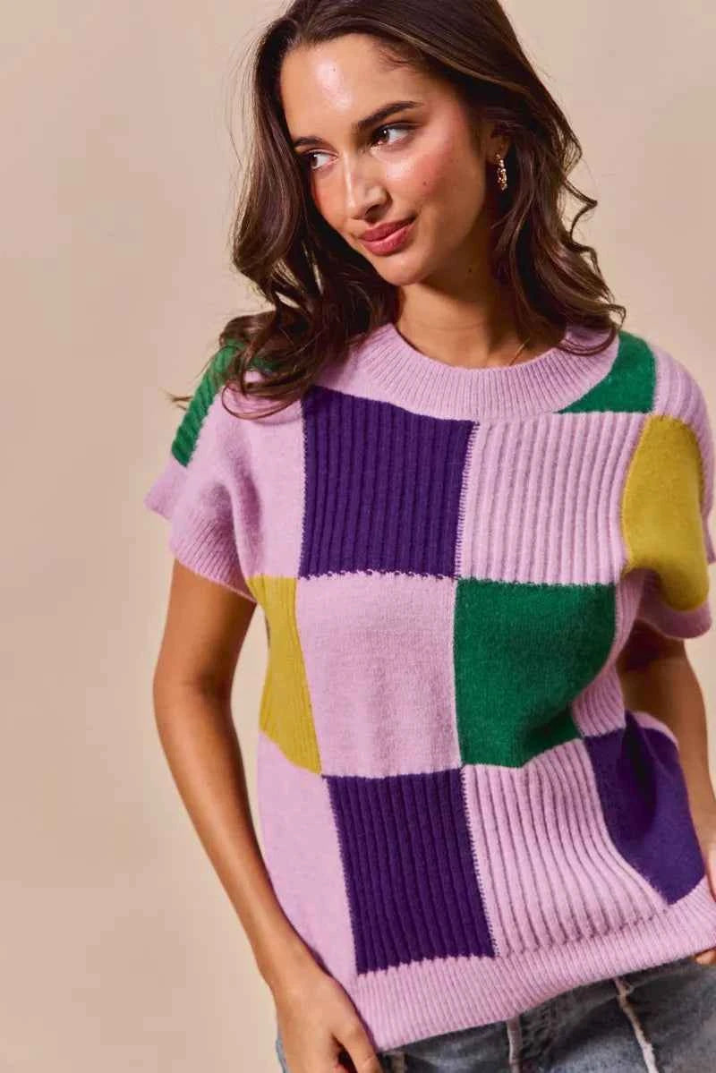 SO ME Mardi Gras Check Plaid Casual Sweater Top 058857740797484e8cabb2b98b1bb2dd-Max-Origin