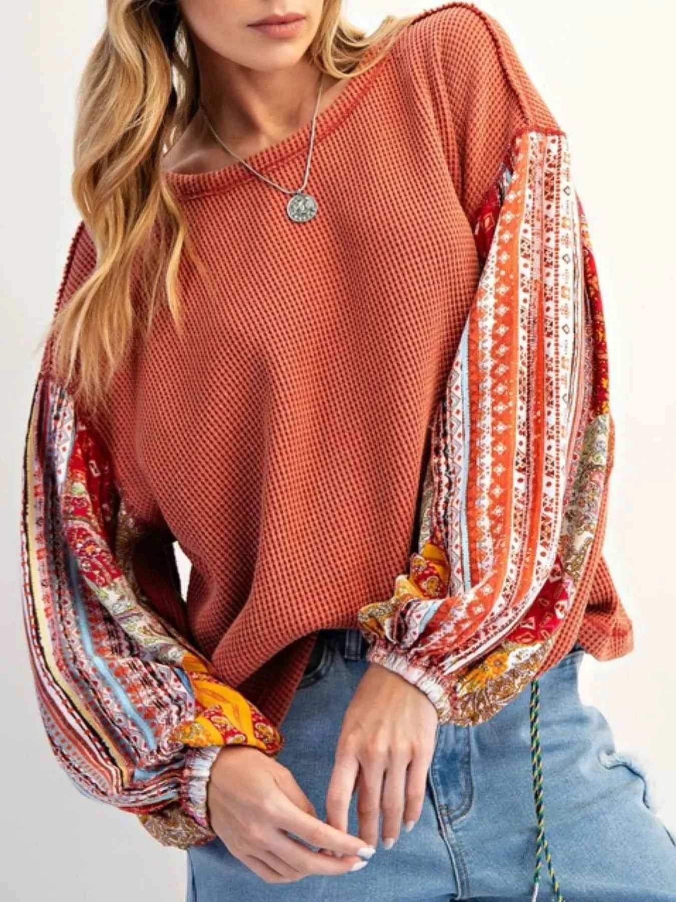 Waffle Knit Round Neck Dropped Shoulder Sweatshirt Red 05889e4f-8da3-48ae-98db-68cc593ed0ab-Max-Origin