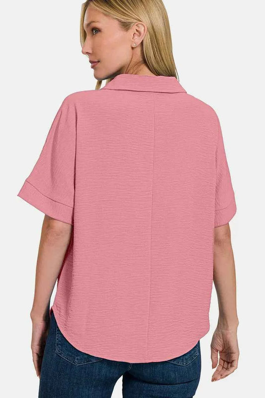 Zenana Texture Collared Neck Short Sleeve Top 0588b940-5970-49ed-8825-5080215fd673-Max