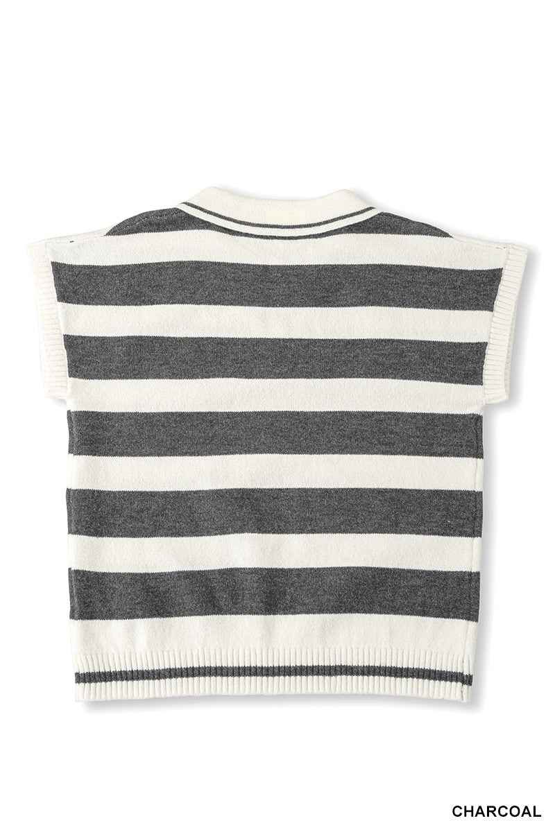 Zenana Striped Collared Short Sleeve Sweater 05896f1334d94675b7b061c3bc47ddea-Max