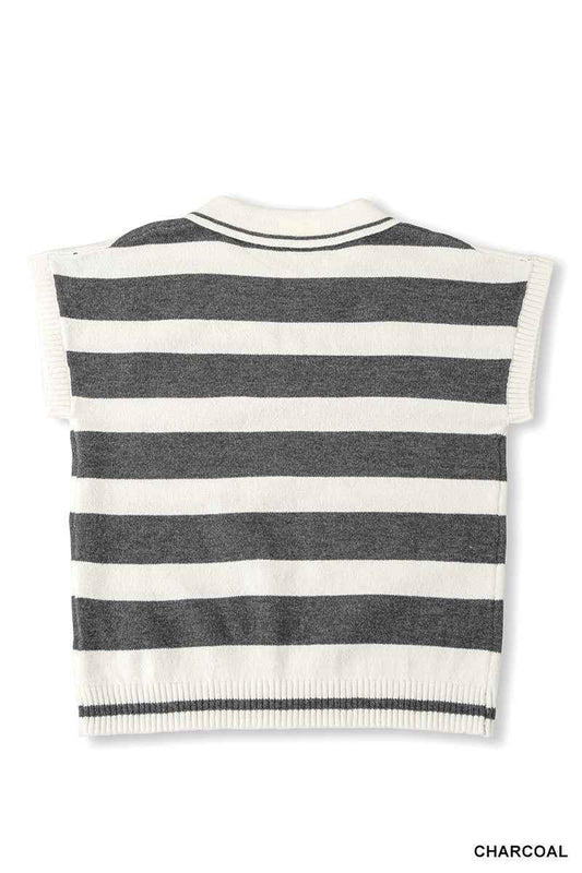 Striped Collared Short Sleeve Sweater 05896f1334d94675b7b061c3bc47ddea-Max